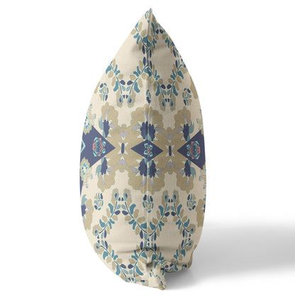 18" X 18" Cream And Blue Floral Blown Seam Suede Throw Pillow
