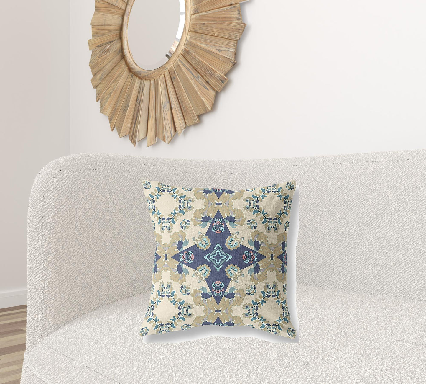 18" X 18" Cream And Blue Floral Blown Seam Suede Throw Pillow