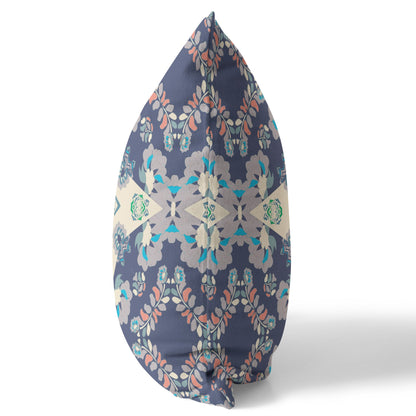 16" X 16" Blue And Off White Floral Blown Seam Suede Throw Pillow