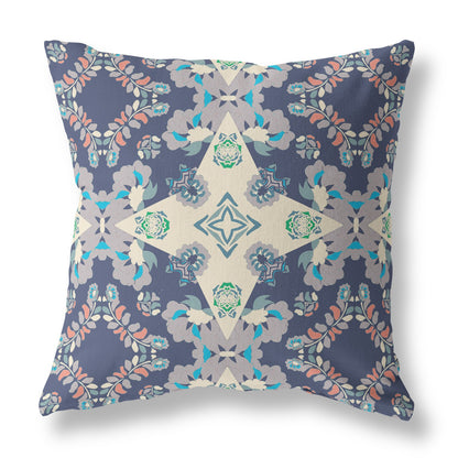 18" X 18" Blue And Off White Floral Blown Seam Suede Throw Pillow