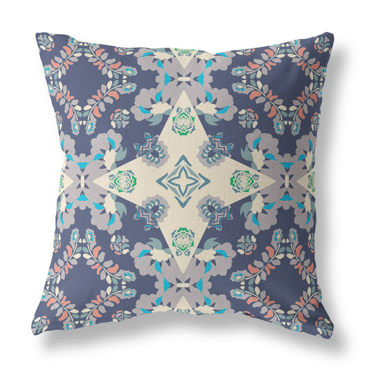 18" X 18" Blue And Off White Floral Blown Seam Suede Throw Pillow