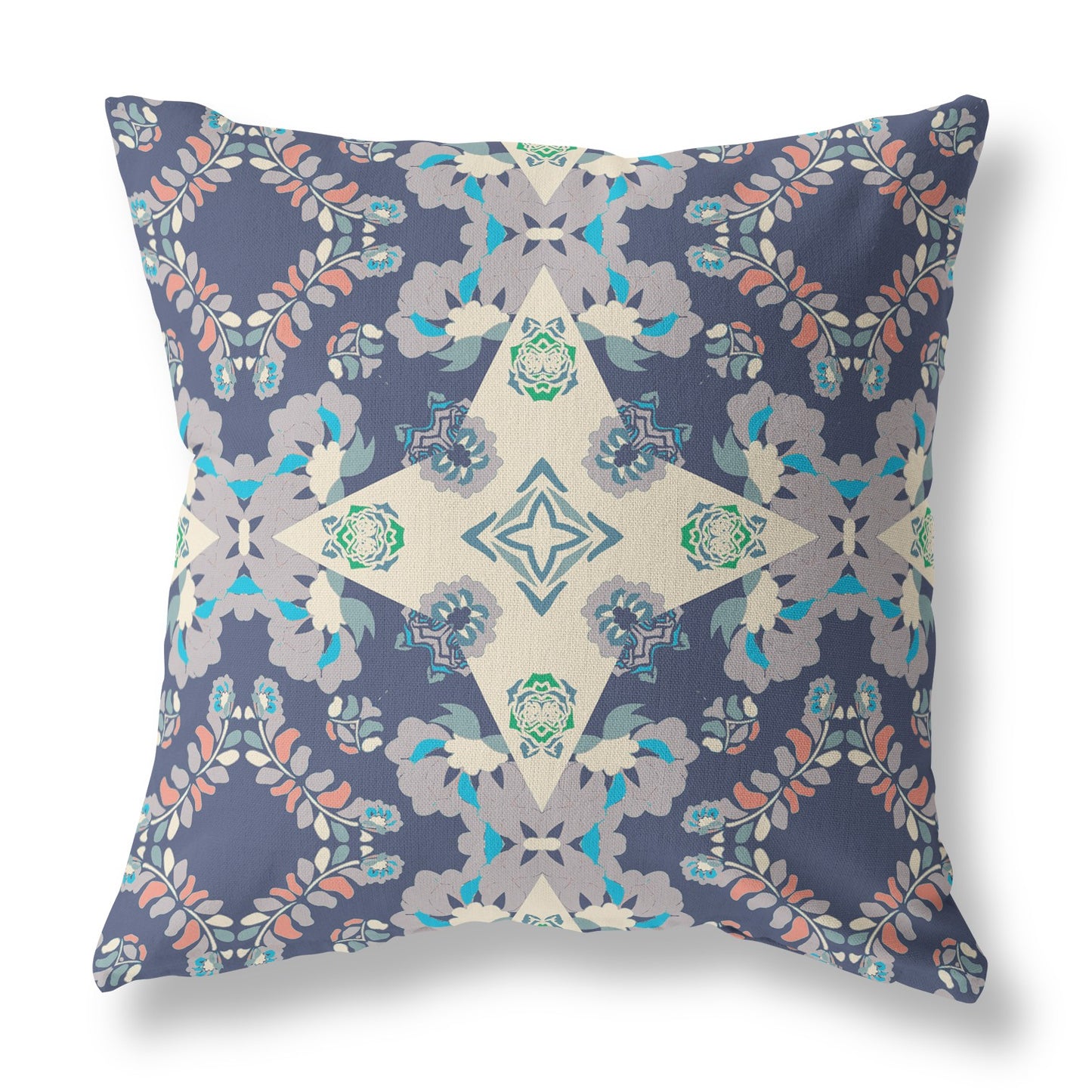 18" X 18" Blue And Off White Floral Blown Seam Suede Throw Pillow