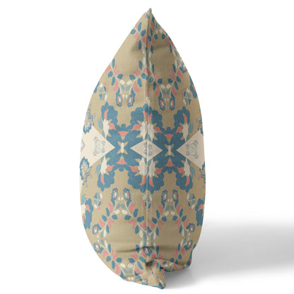 16" X 16" Muted Yellow And Teal Floral Blown Seam Suede Throw Pillow