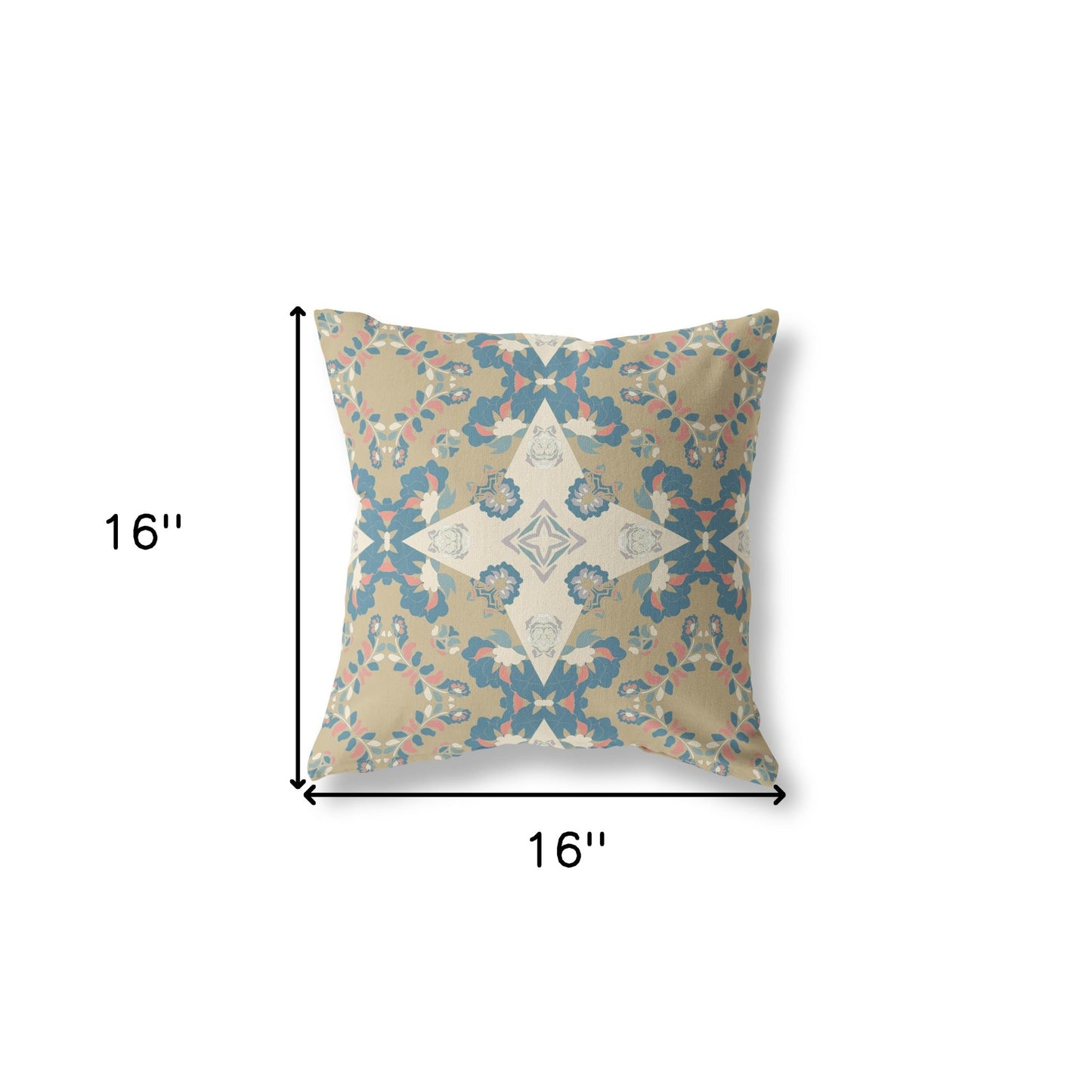 16" X 16" Muted Yellow And Teal Floral Blown Seam Suede Throw Pillow