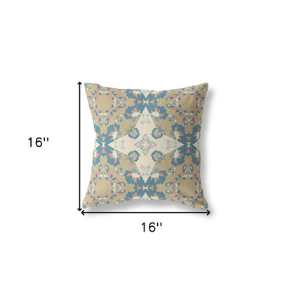 16" X 16" Muted Yellow And Teal Floral Blown Seam Suede Throw Pillow