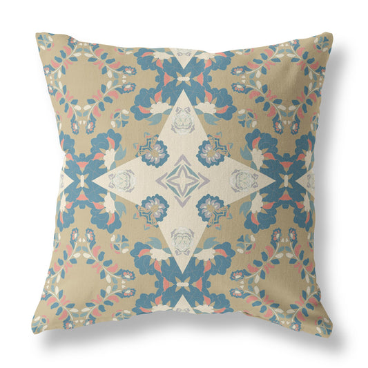 18" X 18" Muted Yellow And Teal Floral Blown Seam Suede Throw Pillow