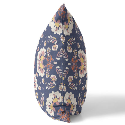 18" X 18" Blue And White Floral Blown Seam Suede Throw Pillow