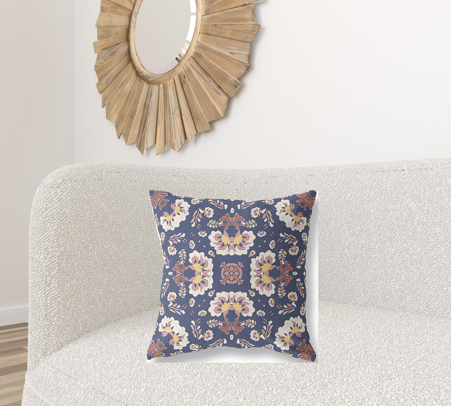 18" X 18" Blue And White Floral Blown Seam Suede Throw Pillow
