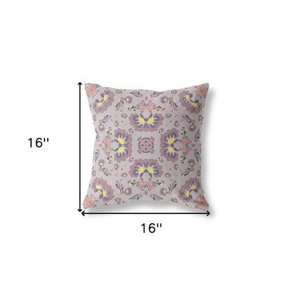 16" X 16" Muted Purple And Yellow Floral Blown Seam Suede Throw Pillow