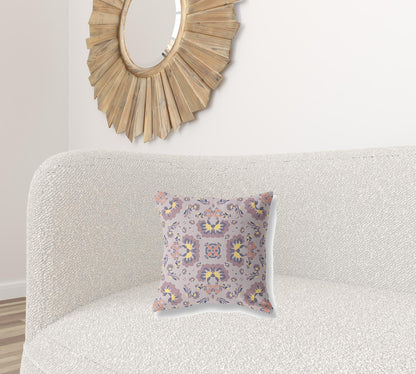 16" X 16" Muted Purple And Yellow Floral Blown Seam Suede Throw Pillow