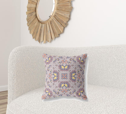 18" X 18" Muted Purple And Yellow Floral Blown Seam Suede Throw Pillow