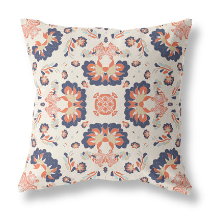 18" X 18" Off White And Blue Floral Blown Seam Suede Throw Pillow