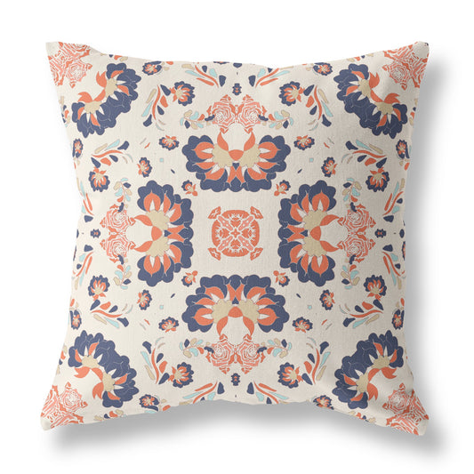 18" X 18" Off White And Blue Floral Blown Seam Suede Throw Pillow