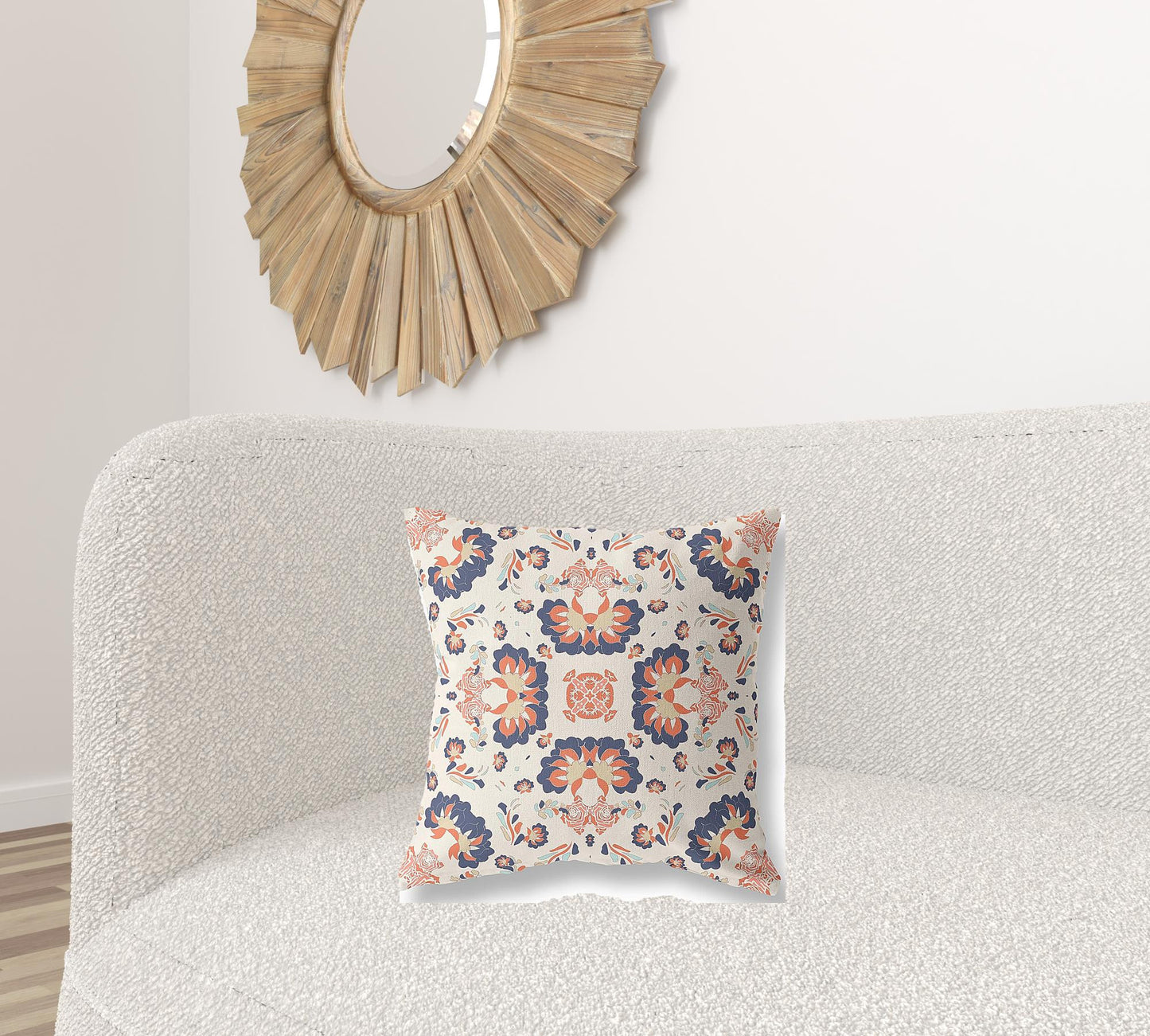 18" X 18" Off White And Blue Floral Blown Seam Suede Throw Pillow