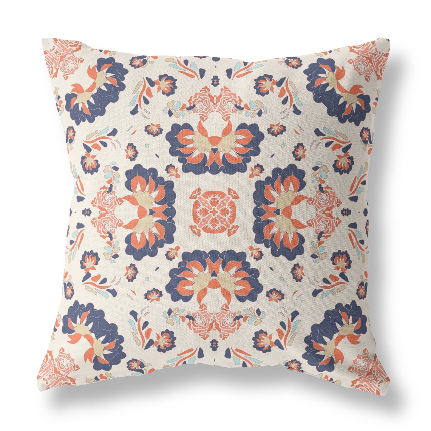 18" X 18" Off White And Blue Floral Blown Seam Suede Throw Pillow