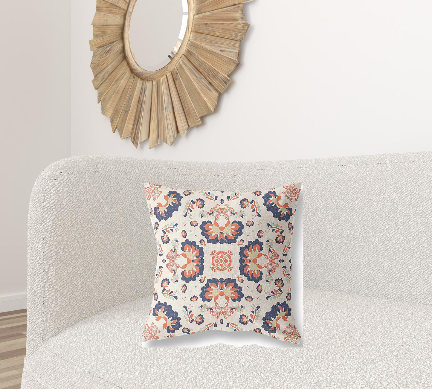 18" X 18" Off White And Blue Floral Blown Seam Suede Throw Pillow