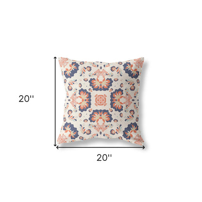 18" X 18" Off White And Blue Floral Blown Seam Suede Throw Pillow