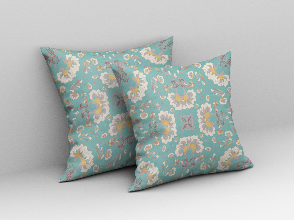 16" X 16" Green And White Floral Blown Seam Suede Throw Pillow