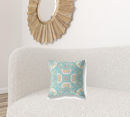 16" X 16" Green And White Floral Blown Seam Suede Throw Pillow
