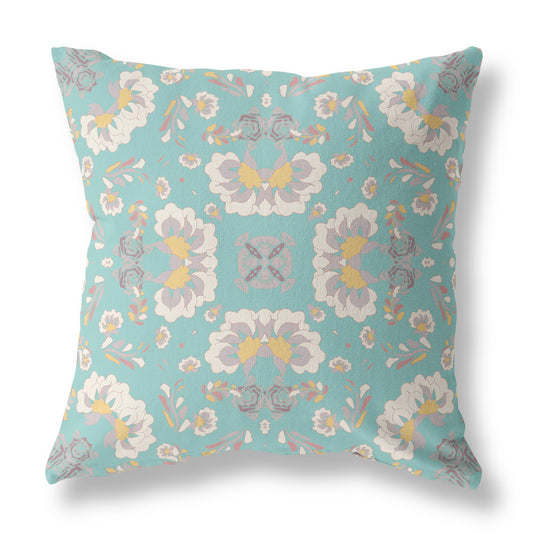 18" X 18" Green And White Floral Blown Seam Suede Throw Pillow