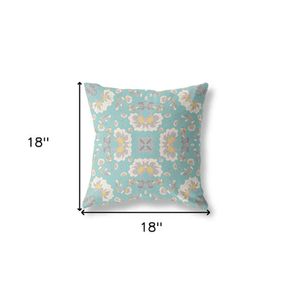 18" X 18" Green And White Floral Blown Seam Suede Throw Pillow