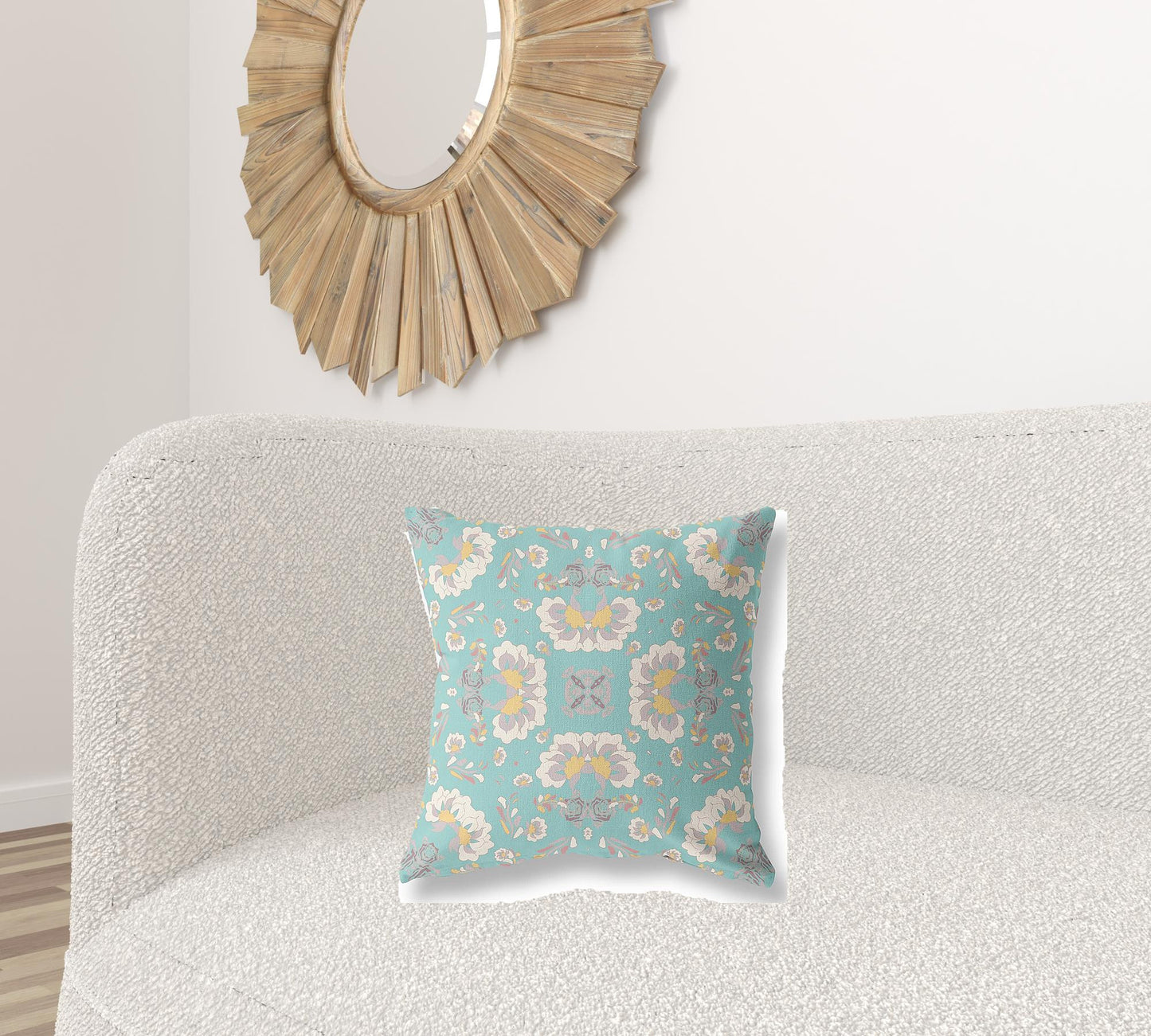 18" X 18" Green And White Floral Blown Seam Suede Throw Pillow