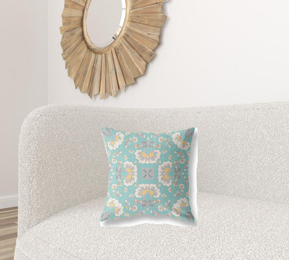 18" X 18" Green And White Floral Blown Seam Suede Throw Pillow