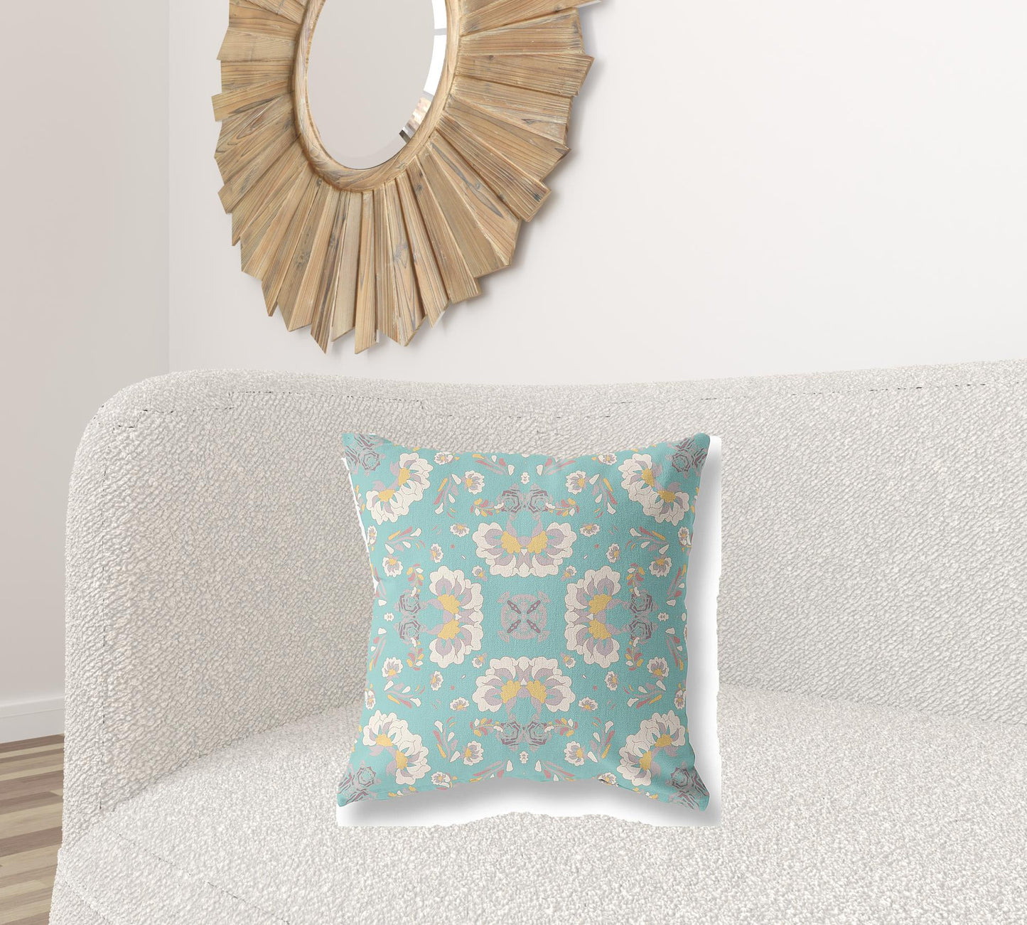 18" X 18" Green And White Floral Blown Seam Suede Throw Pillow