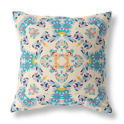 16" X 16" Off White And Blue Abstract Blown Seam Suede Throw Pillow