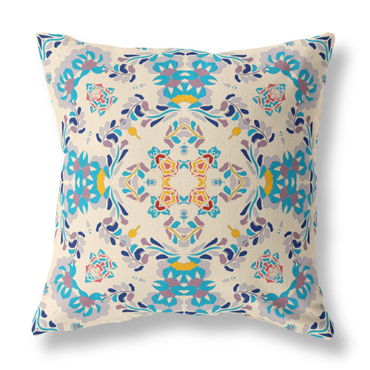 16" X 16" Off White And Blue Abstract Blown Seam Suede Throw Pillow