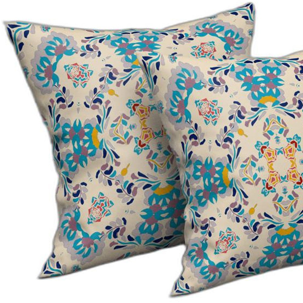 16" X 16" Off White And Blue Abstract Blown Seam Suede Throw Pillow