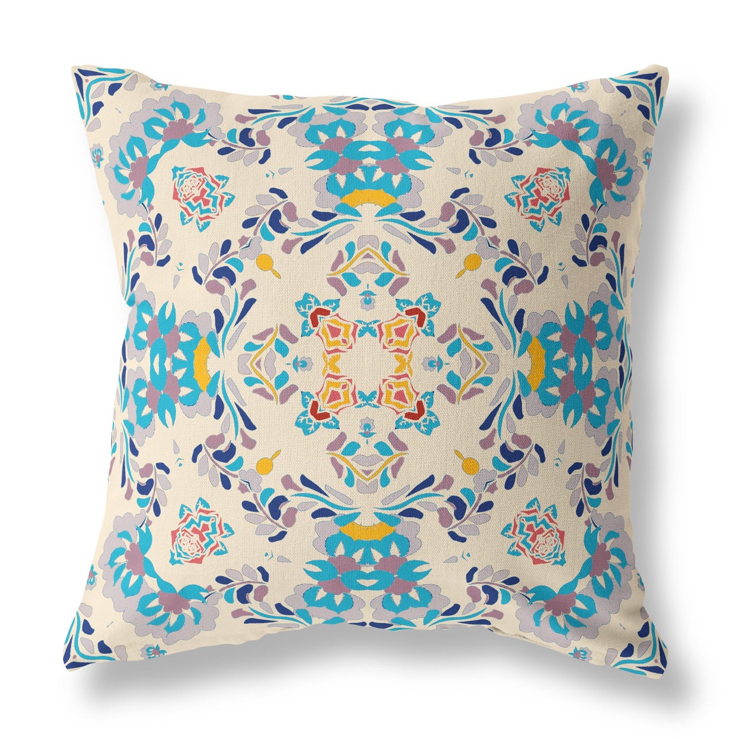 18" X 18" Off White And Blue Abstract Blown Seam Suede Throw Pillow