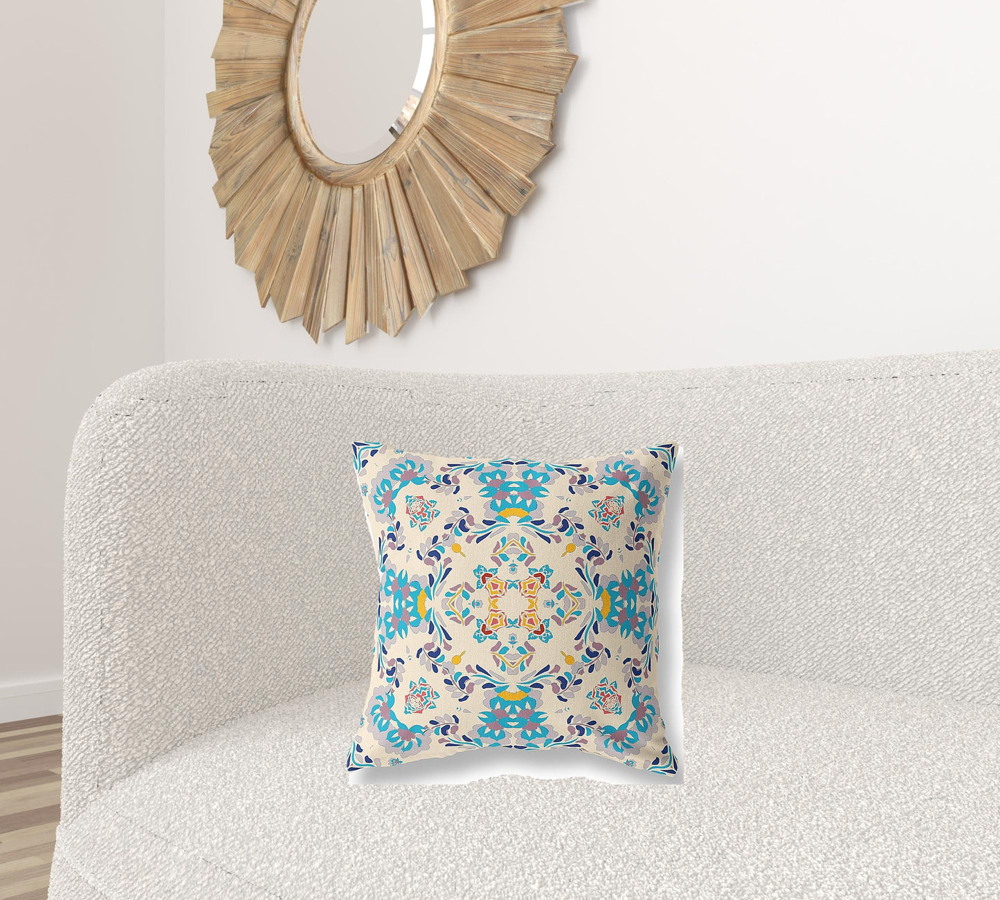 18" X 18" Off White And Blue Abstract Blown Seam Suede Throw Pillow