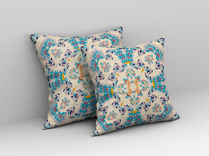 18" X 18" Off White And Blue Abstract Blown Seam Suede Throw Pillow