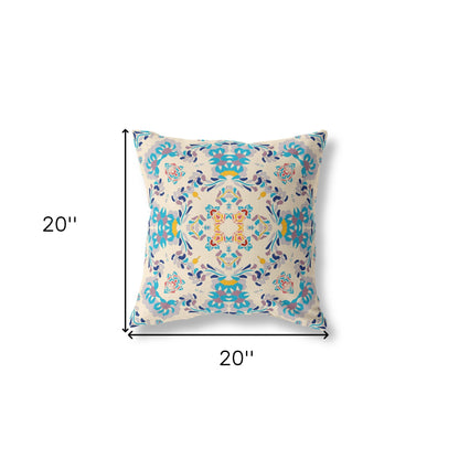 18" X 18" Off White And Blue Abstract Blown Seam Suede Throw Pillow