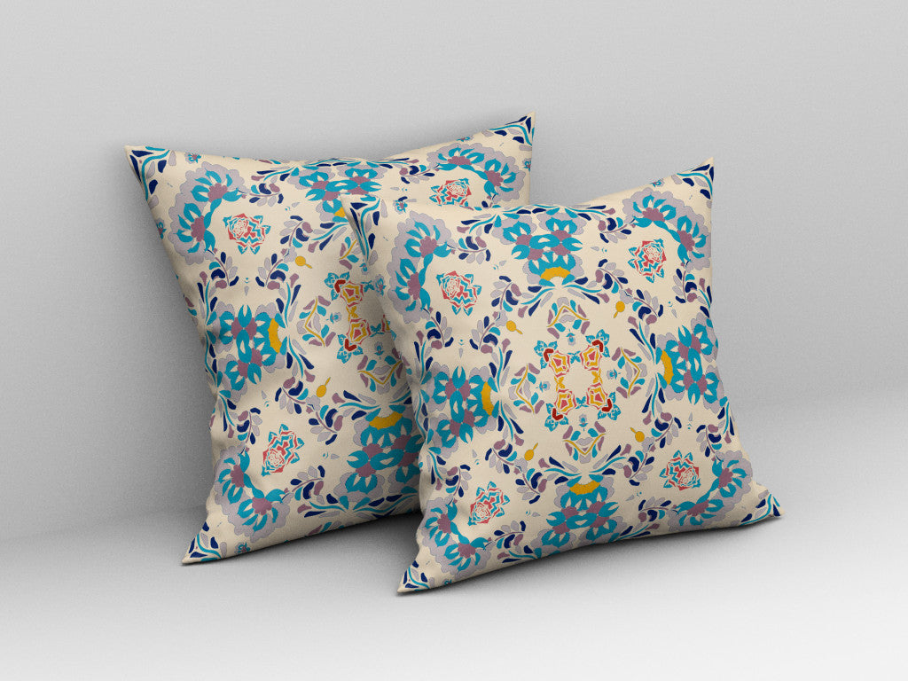 18" X 18" Off White And Blue Abstract Blown Seam Suede Throw Pillow