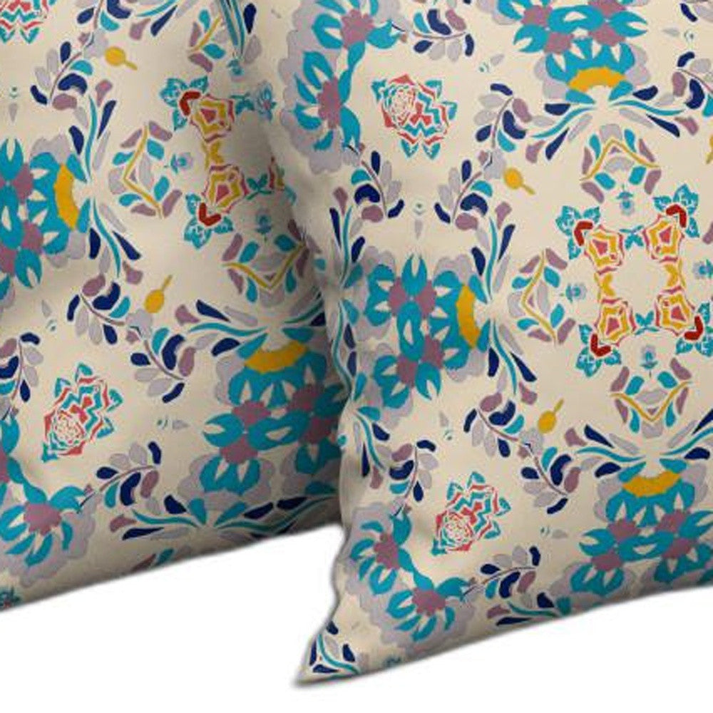 18" X 18" Off White And Blue Abstract Blown Seam Suede Throw Pillow