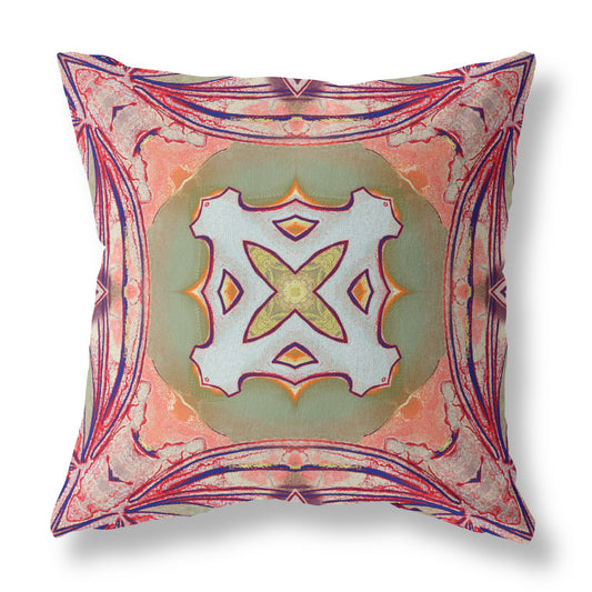 18" X 18" Peach Magenta and Green Geometric Suede Zippered Pillow