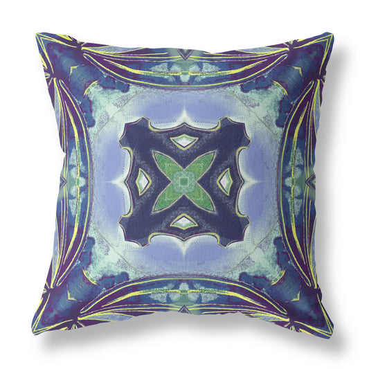 16" X 16" Peacock Blue Light Blue Geometric Zippered Suede Throw Pillow