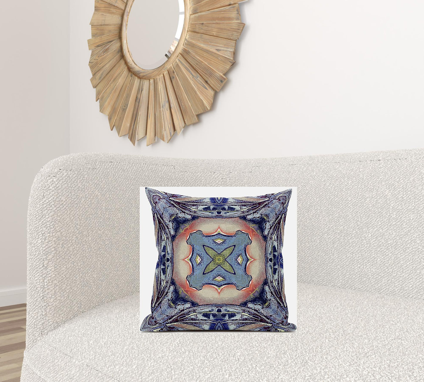 18" X 18" Sky Blue Indigo Muted Peach Geometric Zippered Suede Throw Pillow