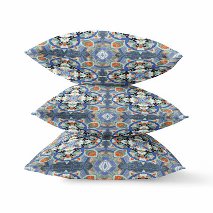 16"X16" Blue And Orange Microsuede Quatrefoil Zippered Pillow