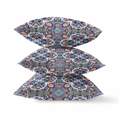 16"X16" Blue And Orange Microsuede Quatrefoil Zippered Pillow