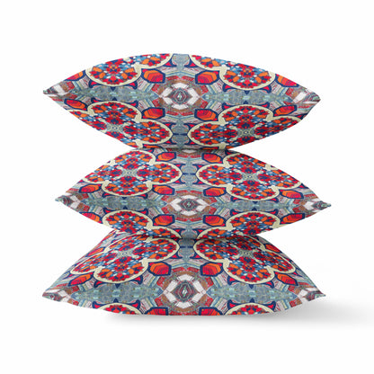18"X18" Blue And Red Microsuede Quatrefoil Zippered Pillow