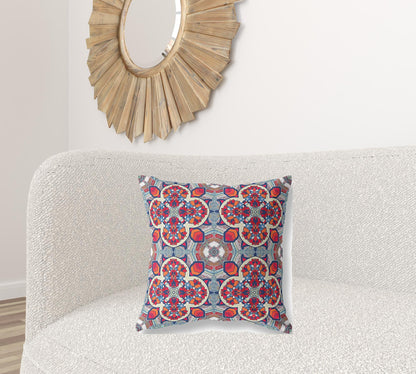 18"X18" Blue And Red Microsuede Quatrefoil Zippered Pillow