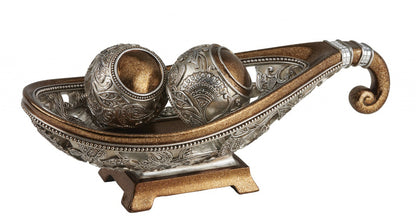 7" Gold And Silver Polyresin Decorative Bowl With Orbs