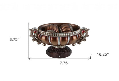 9" Reddish Bronze And Silver Polyresin Decorative Bowl With Orbs