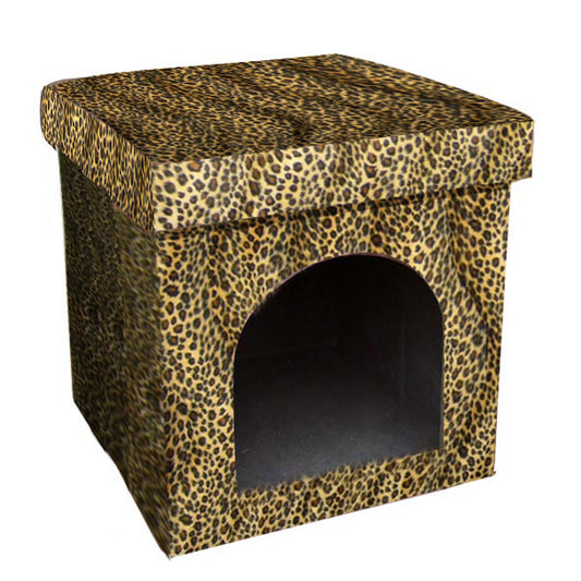 Cheetah Print Upholstered Folding Dog House Shaped Pet Bed