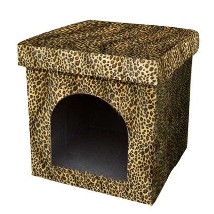 Cheetah Print Upholstered Folding Dog House Shaped Pet Bed