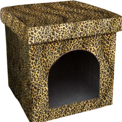 Cheetah Print Upholstered Folding Dog House Shaped Pet Bed