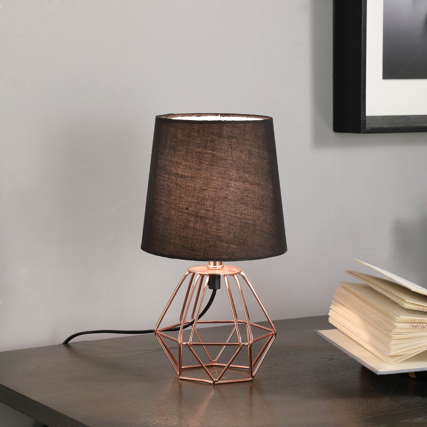 11" Copper Bedside Table Lamp With Black Empire Shade